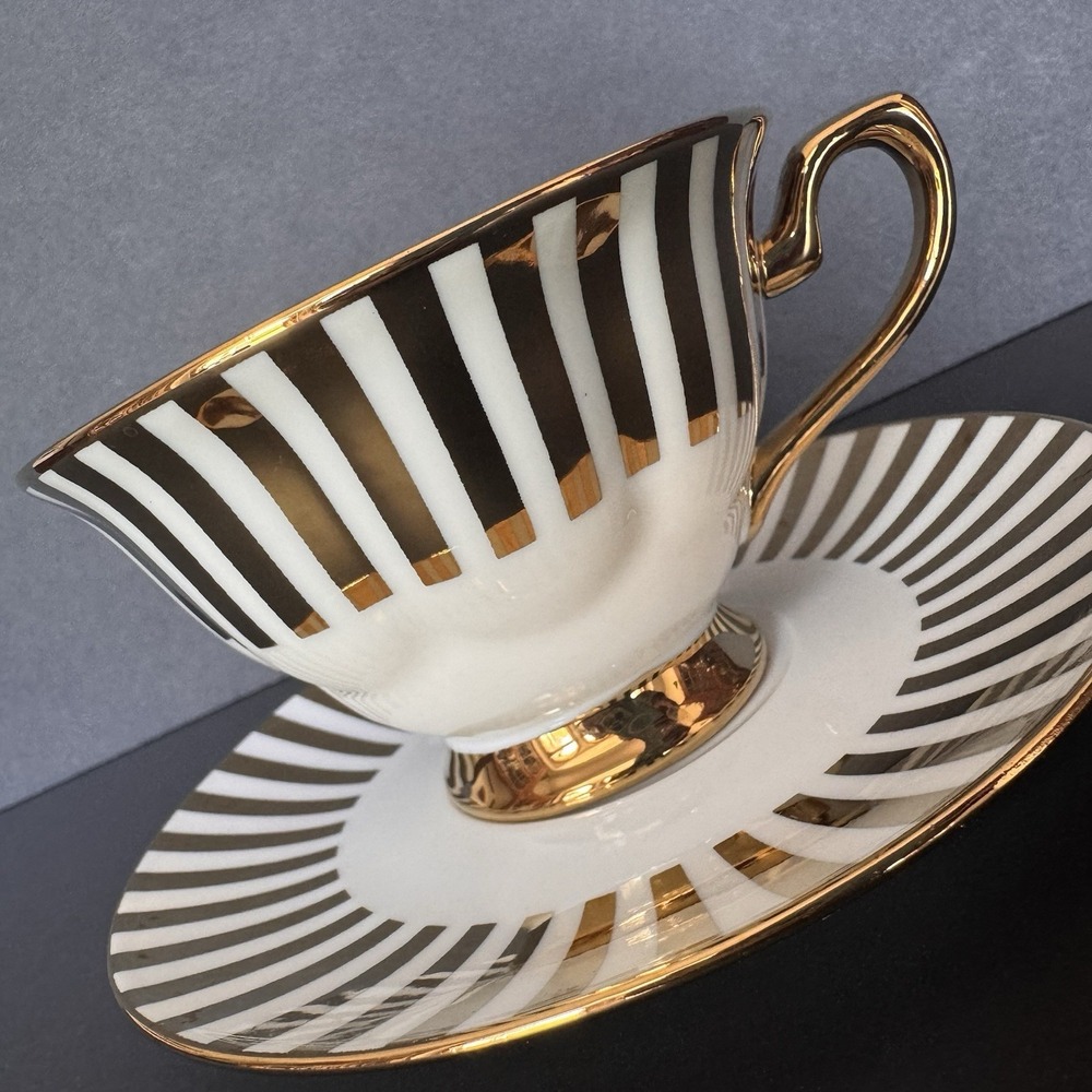 Ciroa Luxe Gold Tea Cup & Saucer Metallic Striped Porcelain